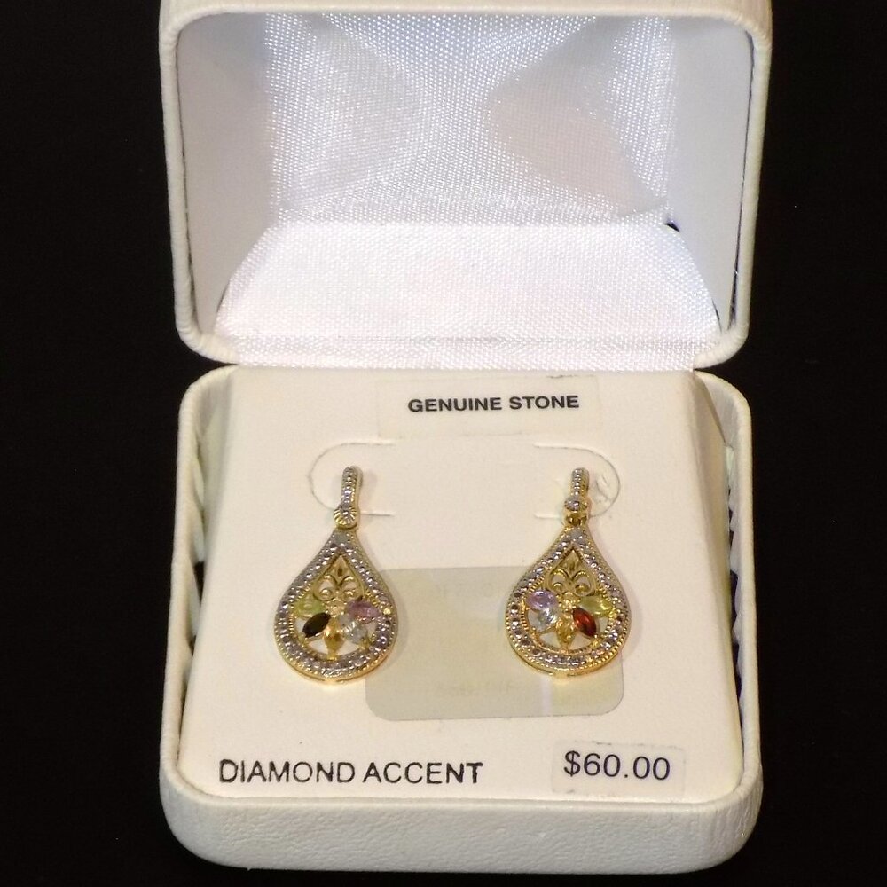 New w/$60 Tag Bydee Genuine Stone & Diamond Accent Teardrop Earrings